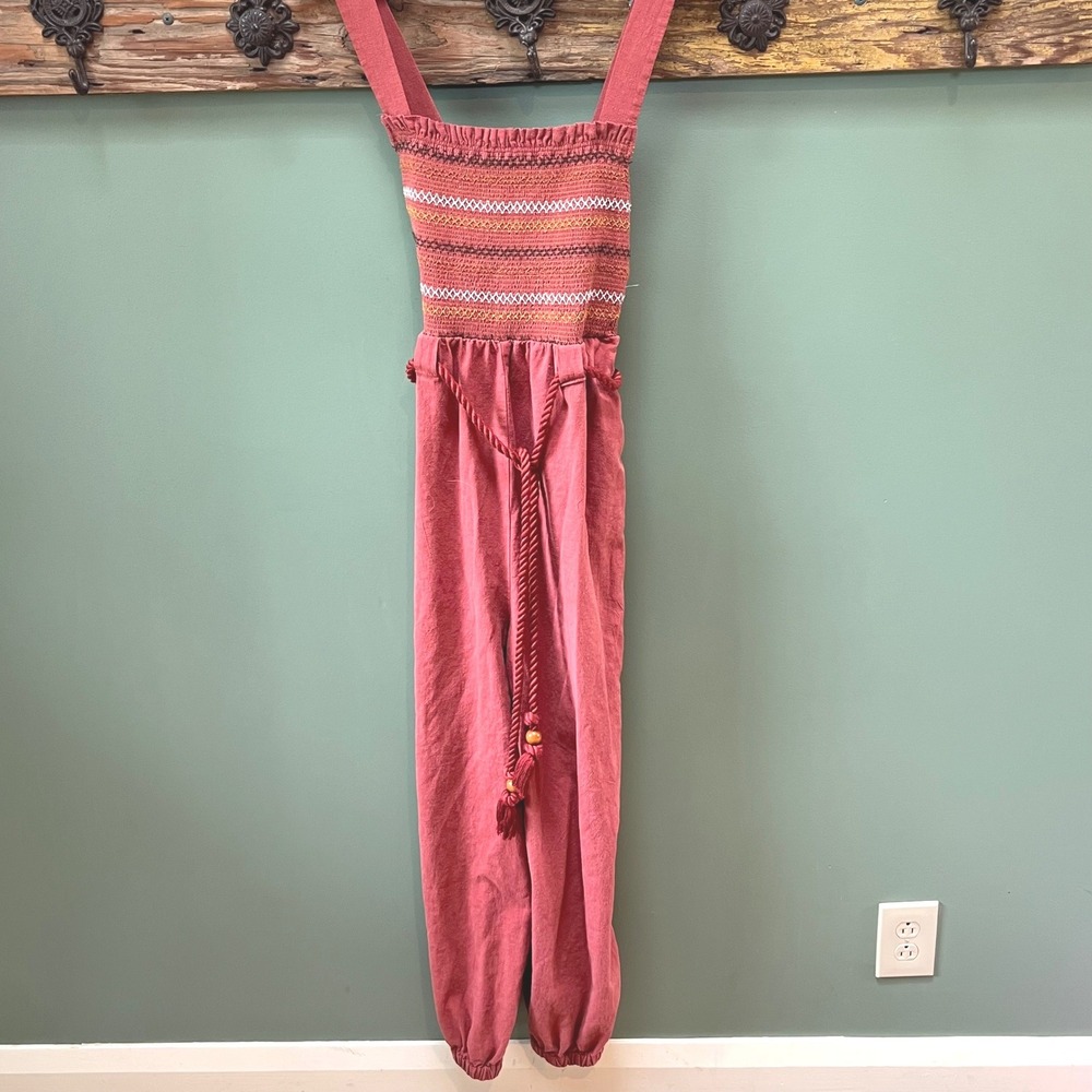 Free People Sienna‎ Smocked Embroidered Linen Blend Jumpsuit Red Small Boho NWOT